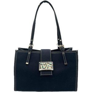 Fendi navy cotton shoulder bag / baguette mini tote with silver swirl hardware